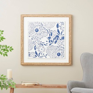Olivia & May 22"x22" Wood Floral Relief Wall Decor with Brown Woven Seagrass Frame and White Backing Blue: Modern Botanical Art - 1 of 4