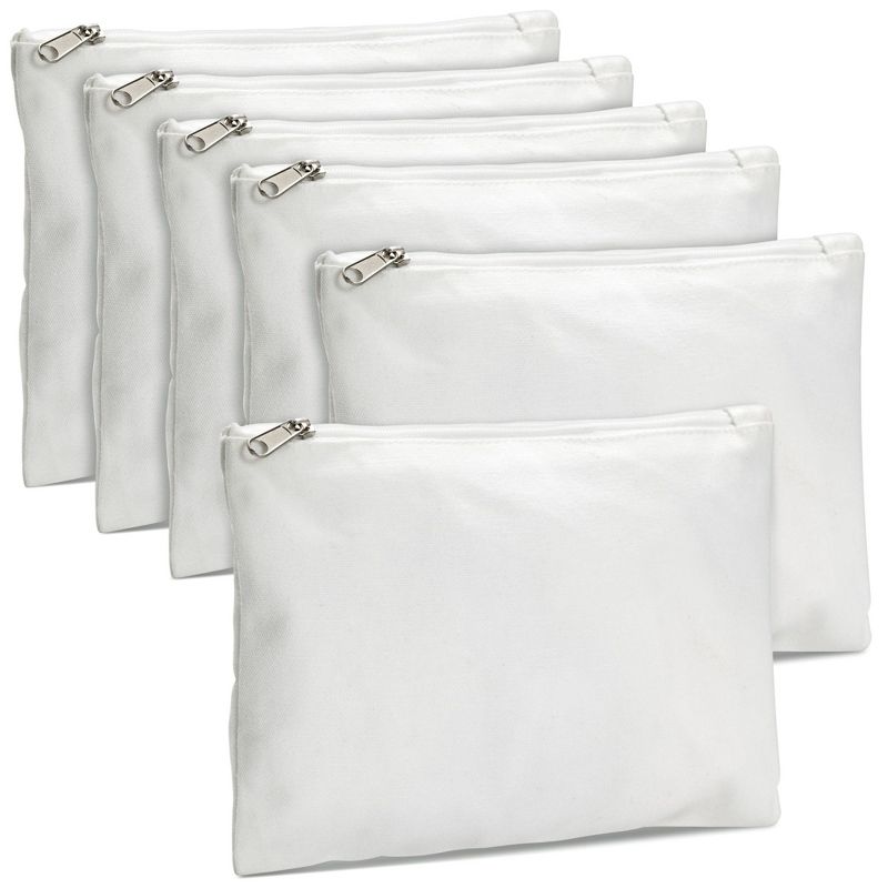 Bright Creations 6-Pack White Makeup Bag Set with Zipper, 8x6" Cotton Canvas Pouches for DIY Crafts, Cosmetics, Stationary, Party Favors, 1 of 9