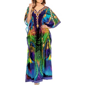 LA LEELA Women's House Daily Routine Evening Wear Loungewear Maxi Kaftan Casual Long Slit Dress Caftansuit Coverup for Women One Size Multi,Peacock - 1 of 4