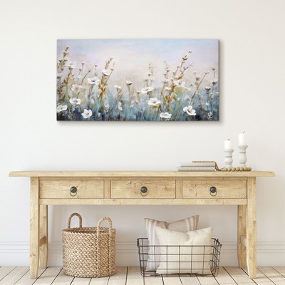 Americanflat Floral Canvas Wall Art Featuring White Wildflowers with Hand-Painted Accents - Gallery Wrap - Green, Beige and Blue - Modern Wall Art