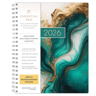 Essential PRO 2026 Daily, Weekly/Monthly Planner, 8.5"x11": 14 Months (Nov 2025-Dec 2026) Tabs,Notes Pages,Storage Pocket,Bookmark (Teal Gold Marble)