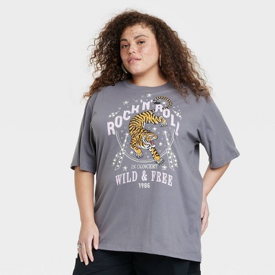 Women's Rock N Roll Short Sleeve Oversized Graphic T-Shirt - Gray 3X