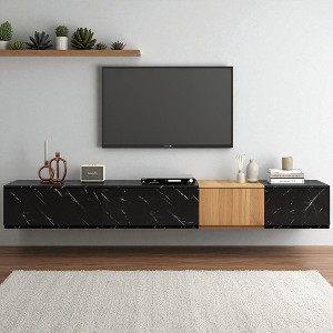 TV Stand with Faux Marble and Walnut Wood Grain Finish for TVs up to 88, Modern Modular Entertainment Center with 4 Storage Drawers - 1 of 4
