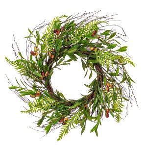 Vickerman 22" Artificial Green Olive Wreath. Features green foliage with dark orange olives. - 1 of 4