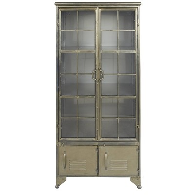 Distressed Black Metal 57.5" Tall Storage Cabinet with Glass Doors