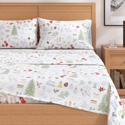 Twin Gray Holiday Print Cotton Flannel Sheet Set