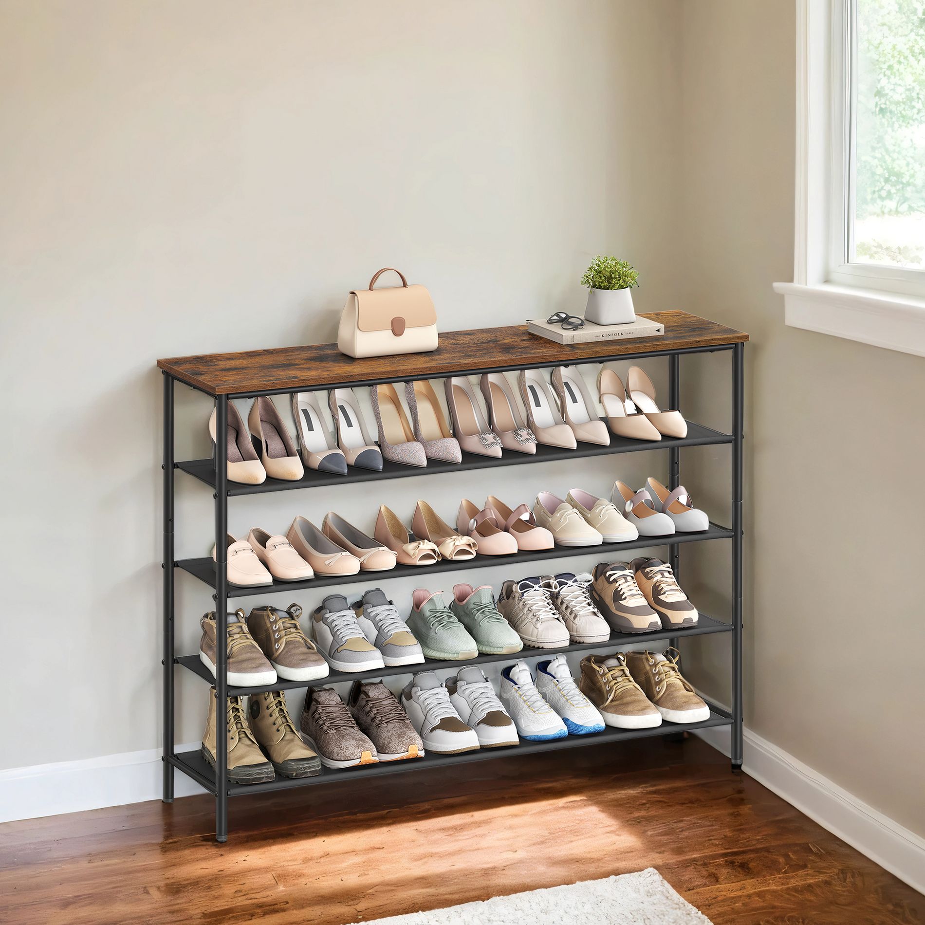 LEDREM Shoe Rack, 5-Tier Narrow Entryway Organizer with Wooden Top, 47.2 x 11.8 x 35.8 Inches, Tan and Black