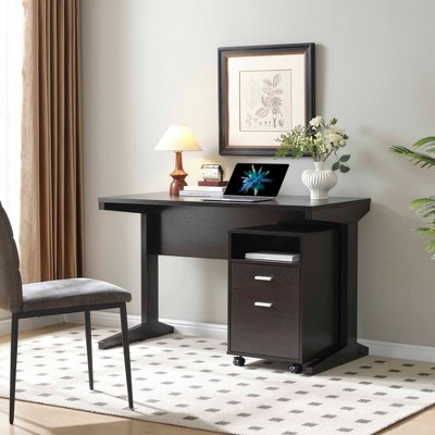 SKRAN Computer Desk with Drawers,Home Office Desk with modesty panel and detached file cabinet, on locking wheels for Home Office, Red Cocoa color