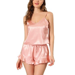 cheibear Women's Satin Spaghetti Cami Tops Ruffle Trim Shorts Sleepwear Sets - 1 of 4
