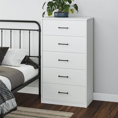 White Tall 5 Drawer Dresser with Metal Handles