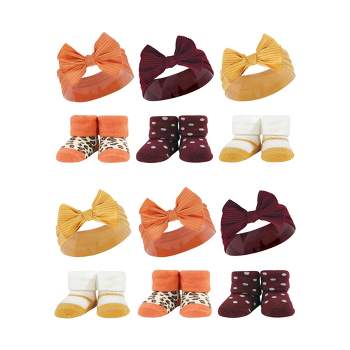 Hudson Baby Infant Girl 12Pc Headband and Socks Giftset, Burgundy Orange, One Size