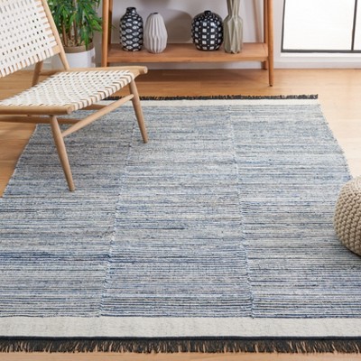 Ivory and Blue 4' x 6' Handmade Wool and Cotton Rug