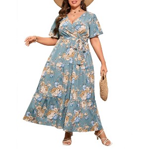 BLUEMING Summer Maxi Dress for Plus Size Women Tie Wasit Surplice Dress Flutter Sleeve A-Line Dress - 1 of 4