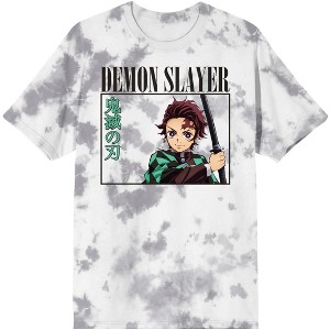 Demon Slayer Framed Tanjiro Crew Neck Short Sleeve Light Gray Sparse Cloud Wash Men's T-shirt - 1 of 2