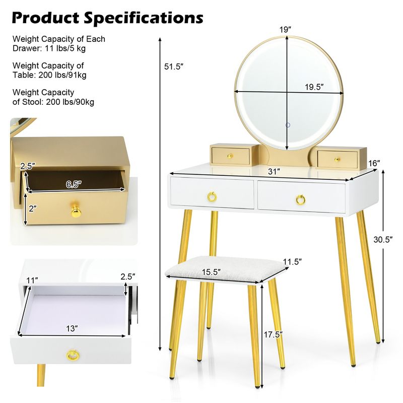 Costway Vanity Makeup Dressing Table Stool Set 3-Color ighted Mirror W/Drawers White\Gray, 4 of 10