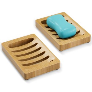 Aoibox Bamboo Soap Holder, Wooden Soap Dish with Self Draining Slots, Non-Slip Rubber Pads, 2-Pack for Bathroom or Kitchen, Natural Wood Color - 1 of 4