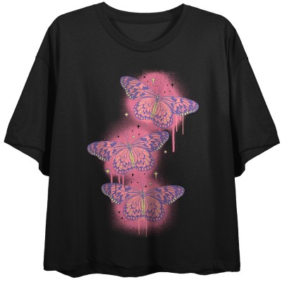 Spray Paint Butterfly Crew Neck Short Sleeve Women's Black Crop  T-shirt-Small