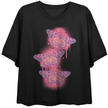Distressed Crop Short Women\'s Butterfly Metal Sleeve Crew Target Black Neck T-shirt :