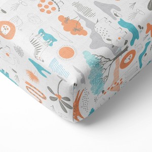 Bacati - Jungle Safari Boys Aqua/Orange 100 percent Cotton Muslin Universal Baby US Standard Crib or Toddler Bed Fitted Sheet - 1 of 4