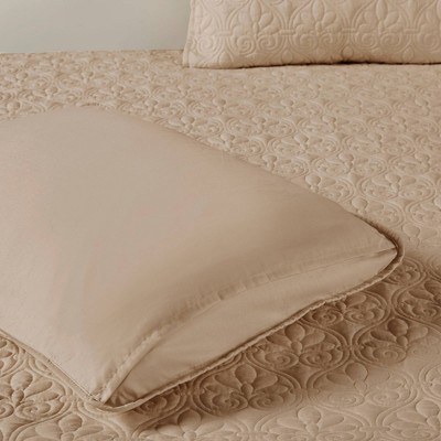 Khaki Queen Microfiber Quilted Bedspread Set with Floral Motif