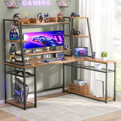 Aheaplus L Shaped Gaming Desk with Hutch, Corner Desk with Charge Station, LED Light