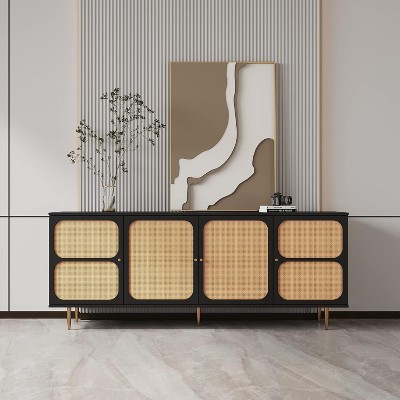 Acekool Sideboard Buffet Cabinet with Rattan Doors, Console Table Storage for Kitchen, Dining, Living Room, Hallway, Black