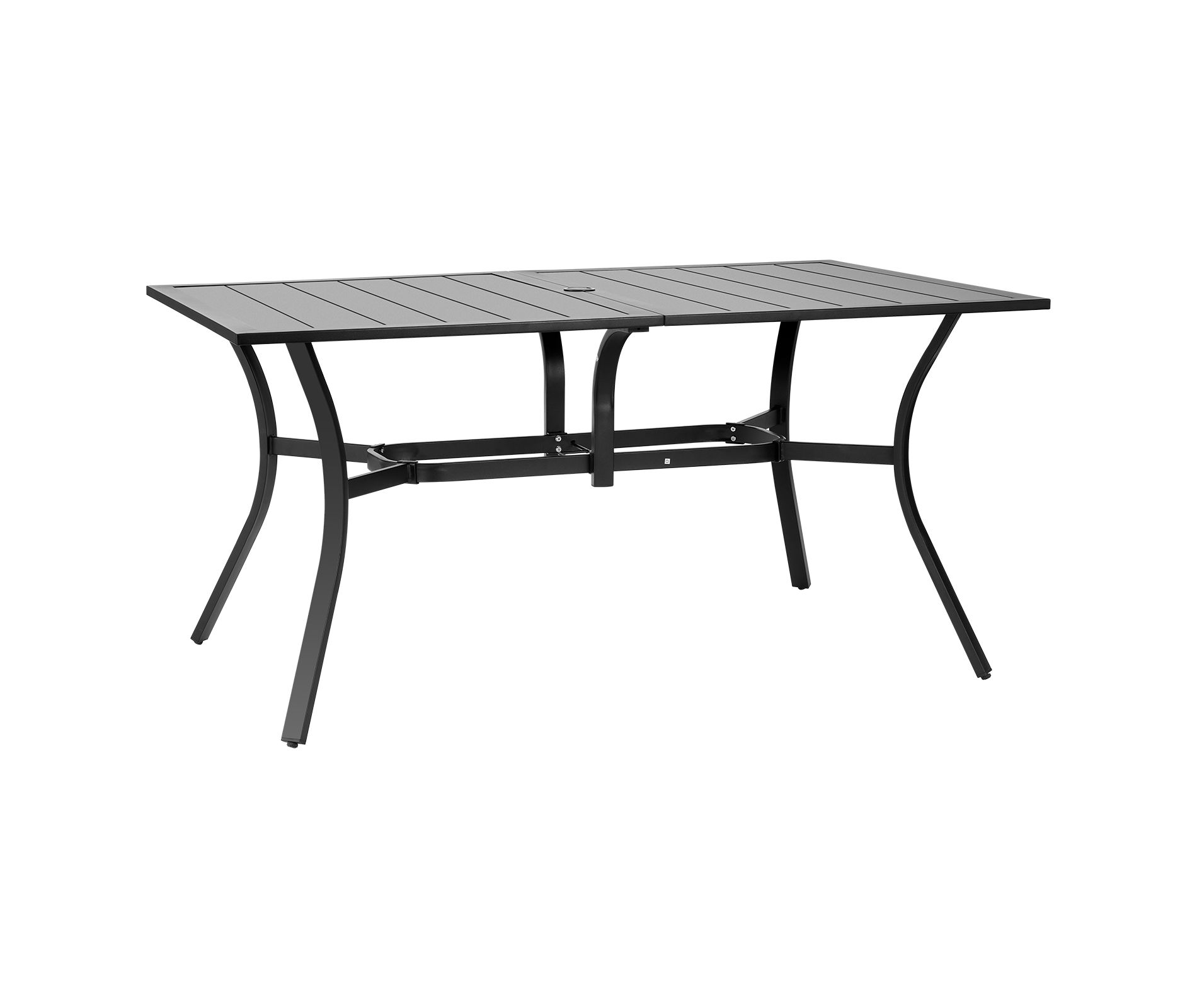 59 Inch Rectangle Metal Patio Dining Table with 1.5 Inch Umbrella Hole, Black Steel Slat Outdoor Dining Table for 4-6