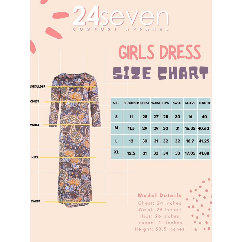 24seven Comfort Apparel Brown Fall Print Girls Long Sleeve Side Slit Maxi Dress, 4 of 5