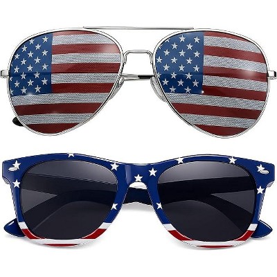 grinderPUNCH 2 Pair Combo Patriotic American US Flag Sunglasses Bulk USA (Silver-Blue)