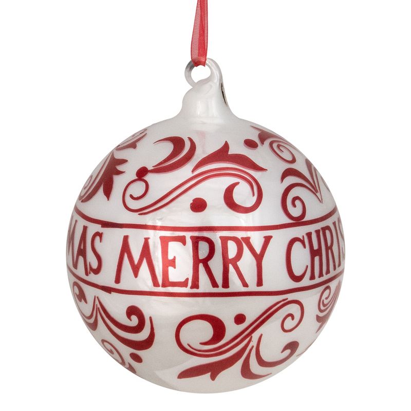 Northlight Shiny Red and White "MERRY CHRISTMAS" Glass Ball Ornament 4.5" (115mm), 1 of 4