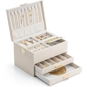 3-Layer Jewelry Box with Retractable Tray and Drawer, Cloud White - 1 of 4