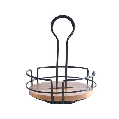 Antique Black Rotating Condiment Caddy with Acacia Wood Insert