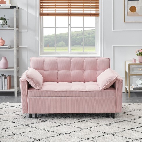 NicBex 54.3 Convertible Double Pull Out Sofabed 2 seat Corduroy Casual Sofa with 2 Side Pockets for Living Room Pink