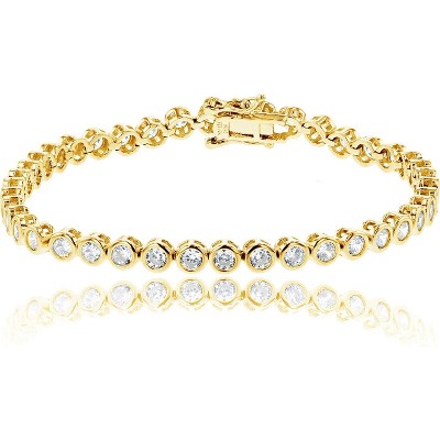 14K Gold Plated Sterling Silver Tennis Bracelet, 2mm Round Cut Bezel Set Cubic Zirconia 7 Inch for Women