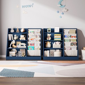 35 in. Wide White Finish 4 Shelf Bookcase with Cotton Linen Storage Sling Pockets - 1 of 4