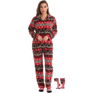 #followme  Womens Printed Microfleece Button Front PJ Pant Set with Socks / Winter Pajamas - 1 of 4