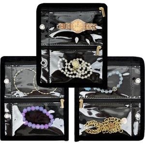 Travel Jewelry Binder with 24 Clear Velvet Pouches, Zipper Storage for Earrings, Necklaces & Watches, Black - 1 of 4