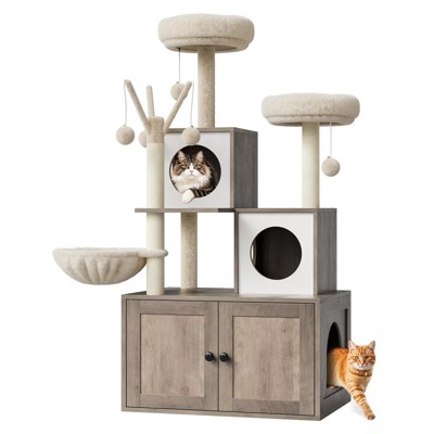 Cat Tree House, Cat Condos, Aesthetic Cats Tree, Hidden Litter Box, Wooden Cats Furniture with Multiple Platforms