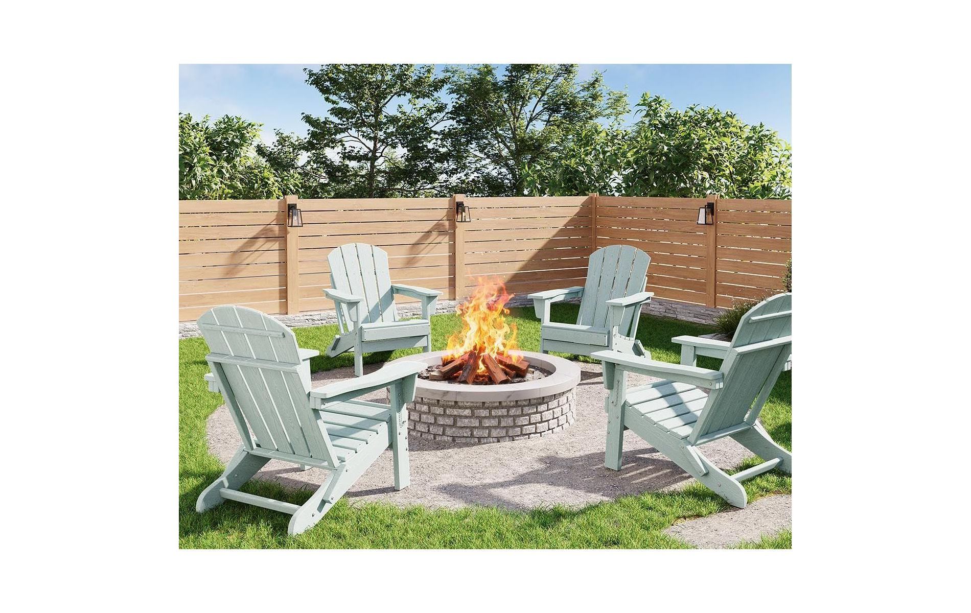 Acekool Folding Adirondack Chairs Set of 4, HDPE Plastic Outdoor Chair Wood Texture, 380lbs, Patio/Deck/Backyard – Light Blue