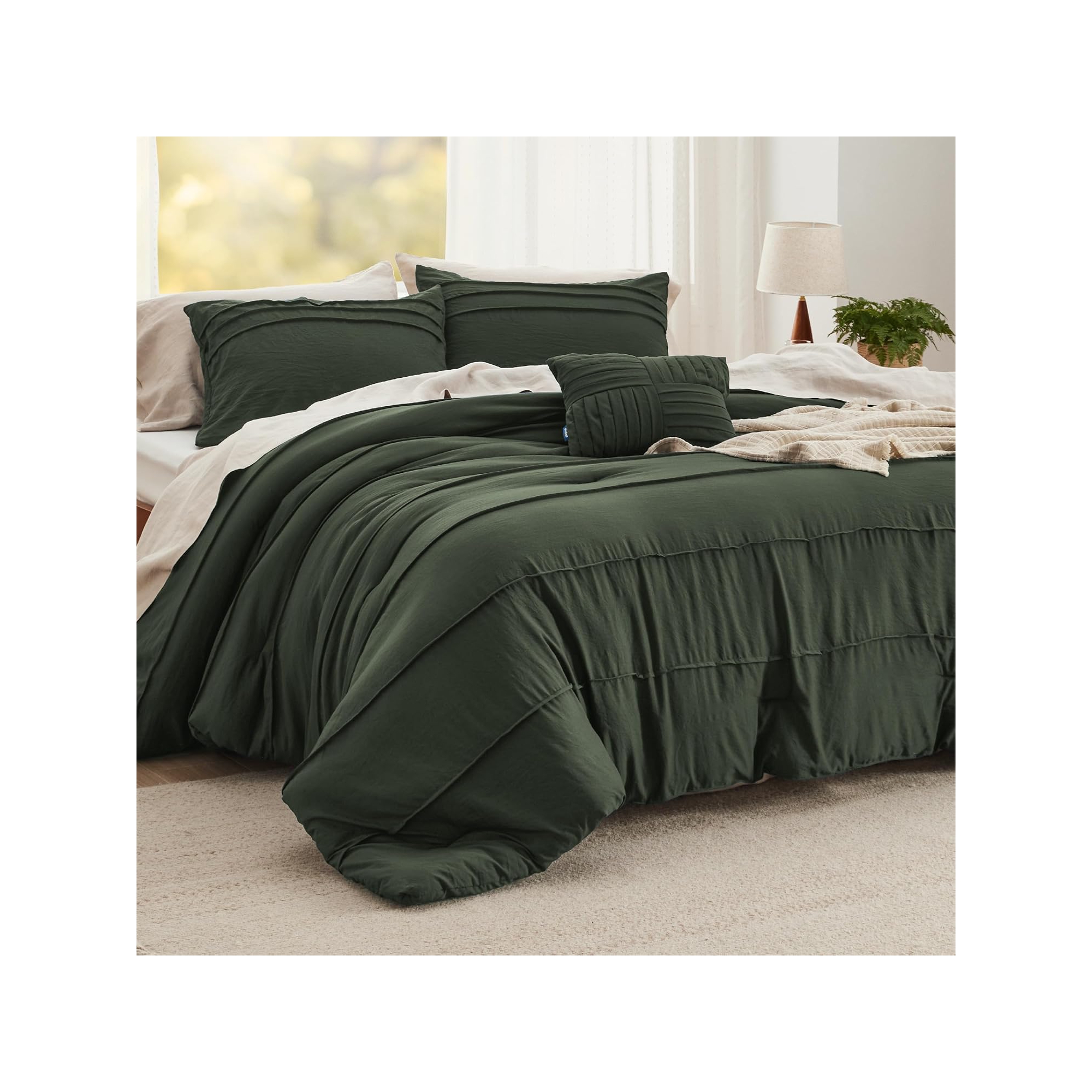 Bedsure Queen Comforter Set 4 Piece Pinch Pleat Olive Green Bedding OEKO-TEX Certified All Season Bed Set Ideal Christmas Gift