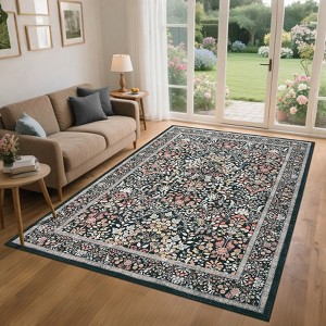 Floral Area Rug for Living Room Washable Rugs Non Slip Boho Dining Room Carpet Vintage Botanical Print Low Pile Soft Floor Carpet for Farmhouse - 1 of 4