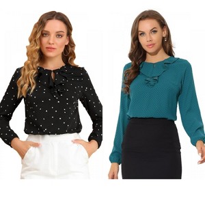 Allegra K Women's 2 Packs 1950s Vintage Ruffle Neck Long Sleeve Dots Chiffon Blouse X-Large Peacock Blue-Dots - 1 of 4