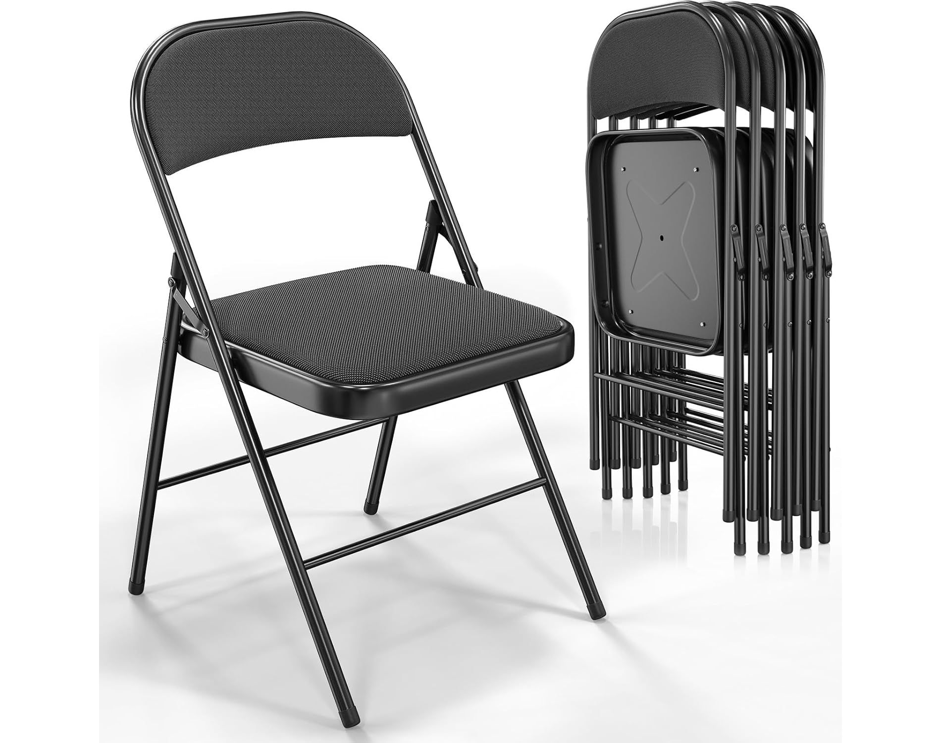 VINGLI 6 Pack Folding Chairs with Padded Seats, Metal Frame with Fabric Seat & Back, Capacity 350 lbs, Black, Set of 6