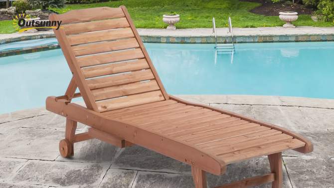 Outsunny Outdoor Chaise Lounge Pool Chair, Built-In Table, Reclining Backrest for Sun tanning/Sunbathing, Rolling Wheels, Red Wood Look, 2 of 10, play video