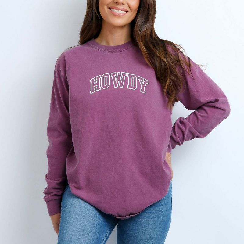 Simply Sage Market Women's Embroidered Howdy Varsity Outline Long Sleeve Garment Dyed Tee, 3 of 5