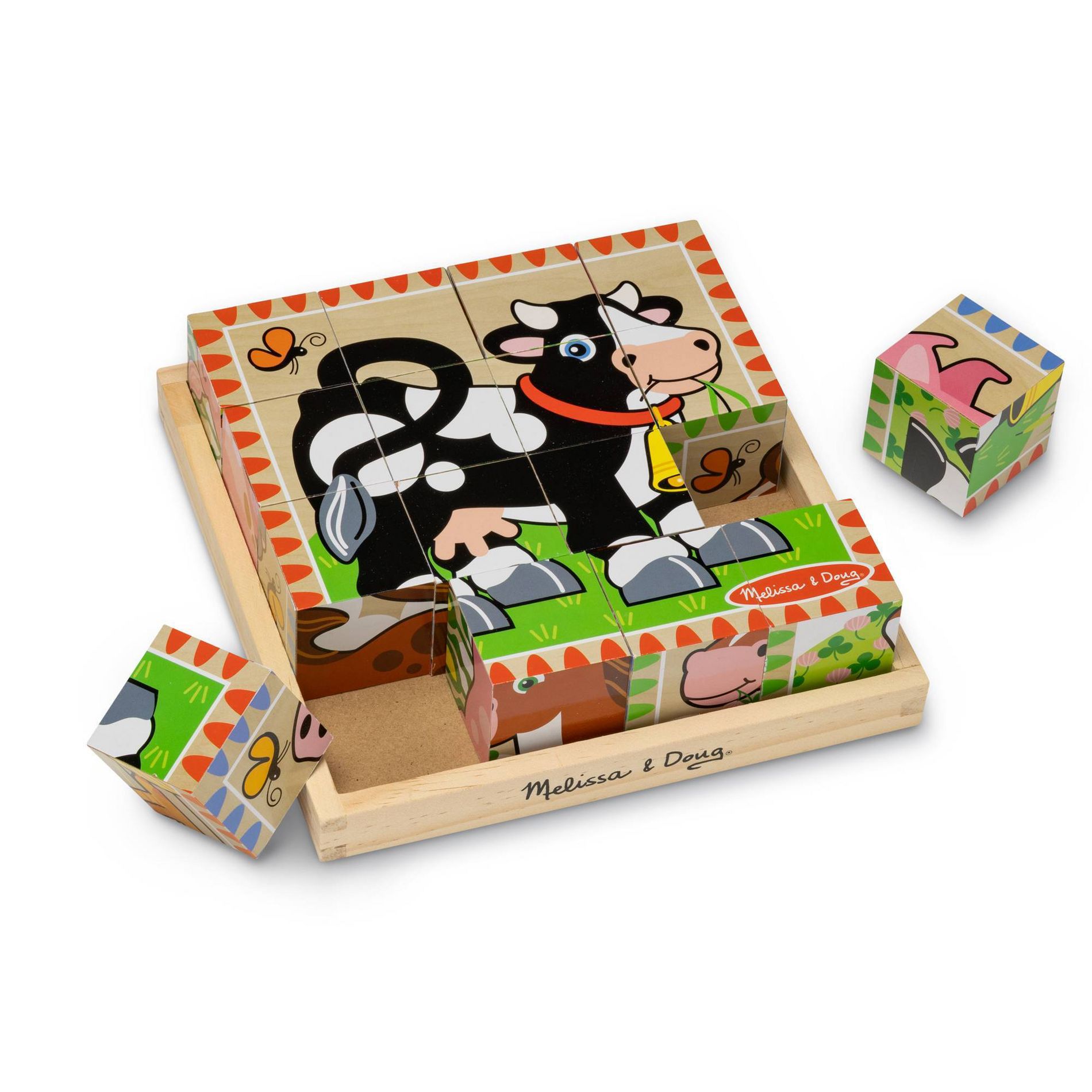 Melissa & Doug Farm Wooden Cube Puzzle With Storage Tray - 6 Puzzles in 1 (16 Blocks): Educational Fine Motor Skills, Nature Animal Theme