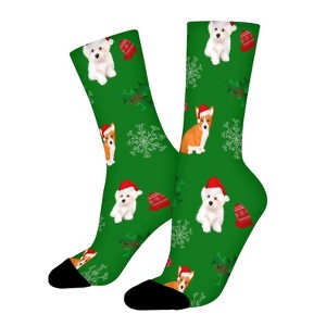 Cute Chritsmas Festive Puppies Women Printed Crew Socks Funny Funky Socks Soft Polyester Novelty Gifts for Artists Men - 1 of 1