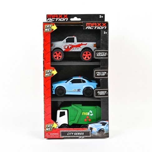 Maxx Action Mini City Lights & Sounds Vehicles  with Pickup Truck, Sports Car and Recycling Truck - 3pk - image 1 of 4