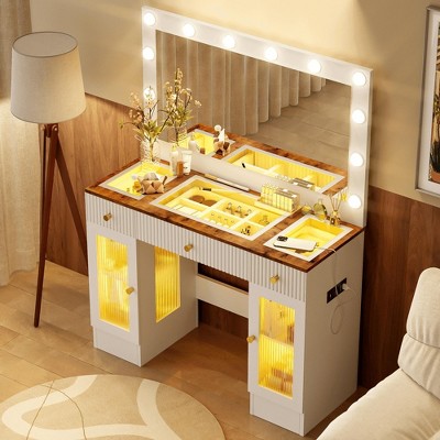 APRILSOUL 43.3" Vanity Desk with Large Mirror and Hollywood Bulbs, Glass Top Makeup Vanity with Drawers and Power Outlet, 3 Color Lighting Modes