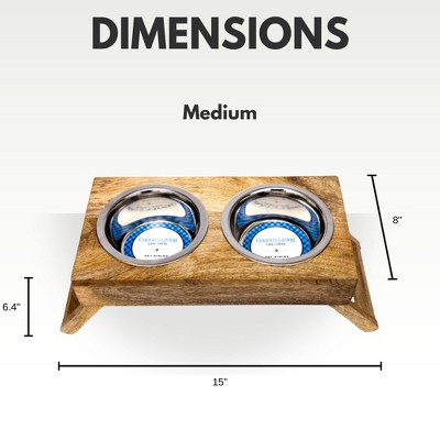 Medium Natural Mango Wood Elevated Pet Feeder with Stainless Steel Bowls